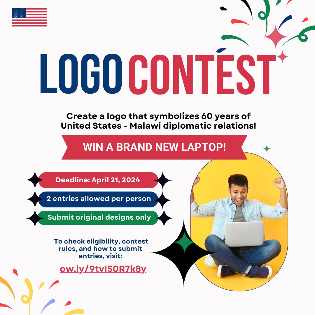 🎉 Calling all graphic designers in Malawi! Celebrate 60 years of U.S.-Malawi diplomatic relations. 🇺🇸🇲🇼 Submit logo designs before April 21, 2024; the winner will receive a brand-new laptop! Check eligibility and rules here: mw.usembassy.gov/u-s-malawi-60-… #pachibale #USMalawi60