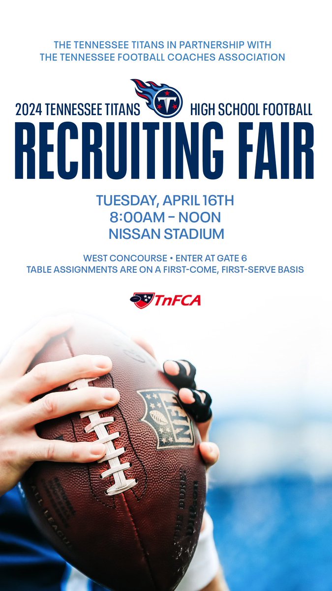 Coaches we are less than 2 weeks out from this years recruiting fair! Don’t miss out on a great opportunity to sell your prospective athletes to colleges! And colleges don’t miss out on 150+ high schools in one stop! @titanscommunity @Titans @NFL