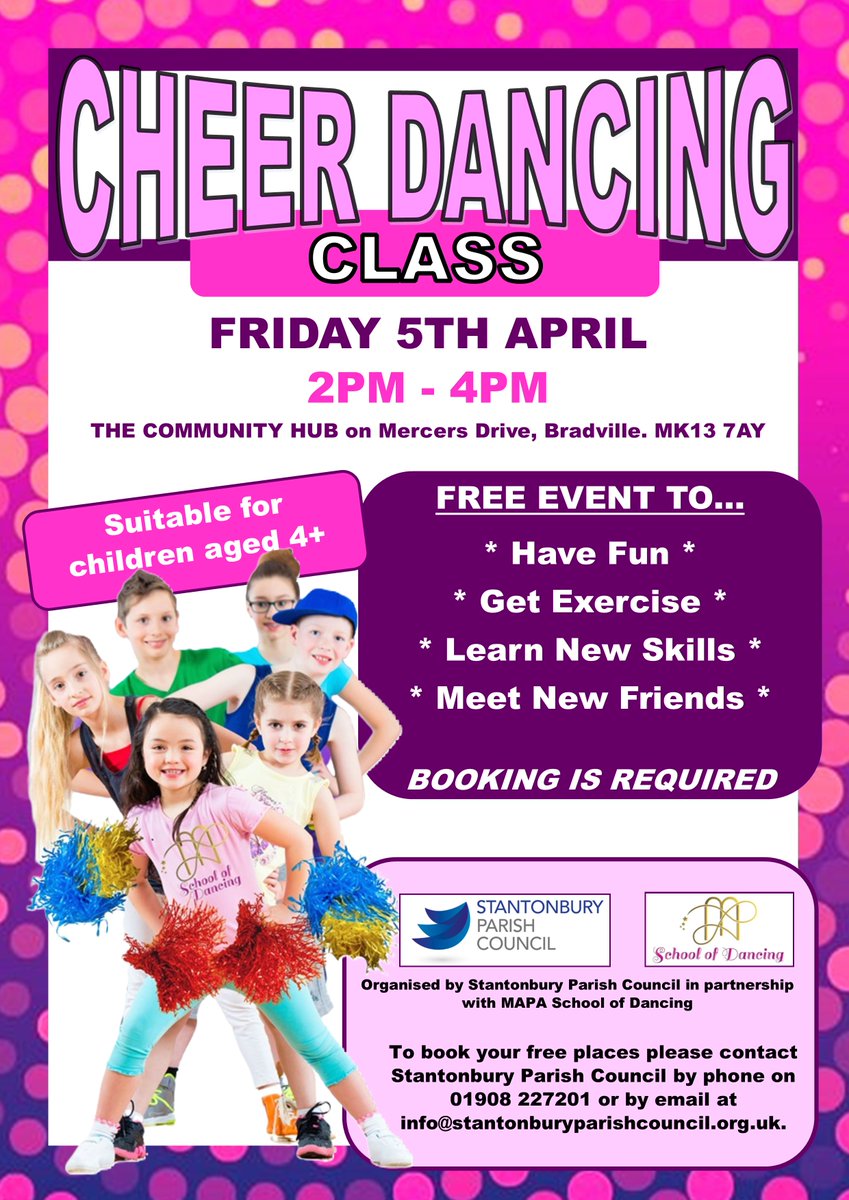 StantonburyPar1's tweet image. TOMORROW: FREE CHEER DANCING CLASS

To book your free places and for more information please email Stantonbury Parish Council at info@stantonburyparishcouncil.org.uk.
#Cheerdancing #dancingisfun #meetnewfriends