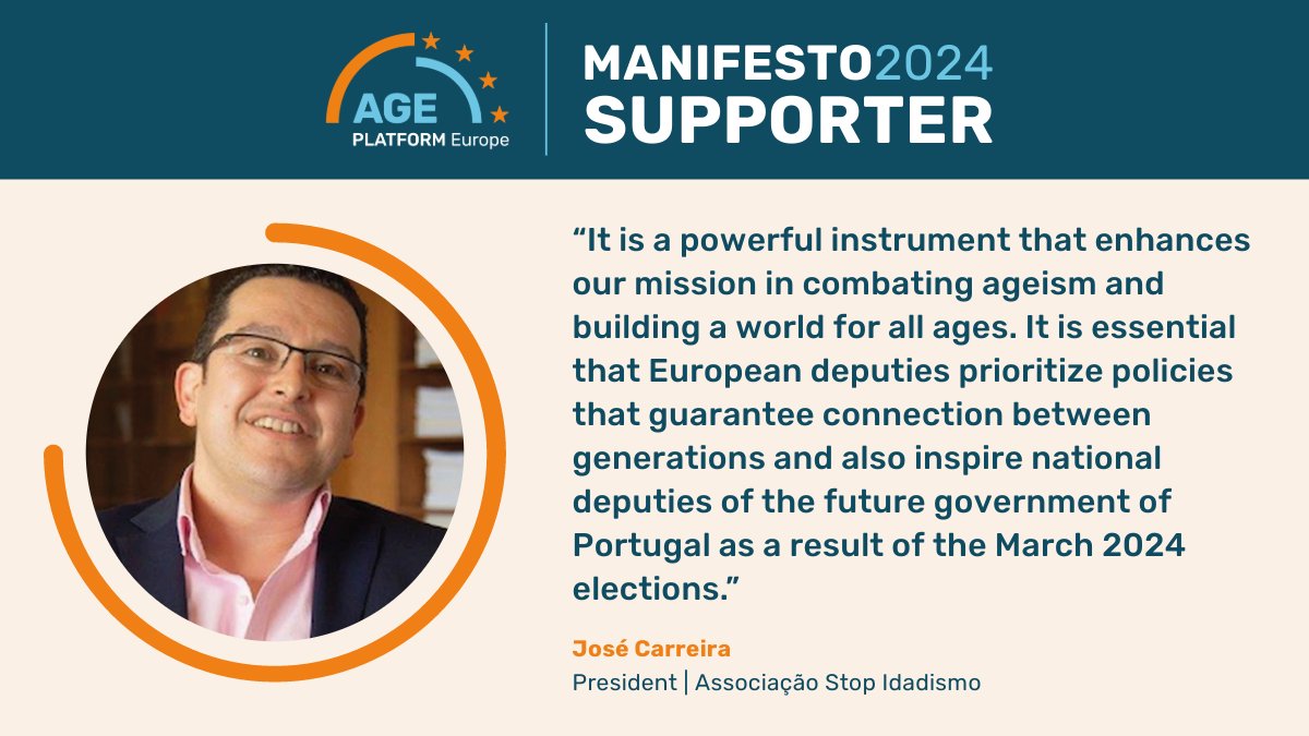 🖋️✅Meet #AGEManifesto2024 supporters! @jagcarreira, President of Associação @stopidadismo, highlights its potential to inspire future Portuguese government to ensure intergenerational connectivity after the March 2024 elections. 👉Other supporters: bit.ly/AGEManifesto20…