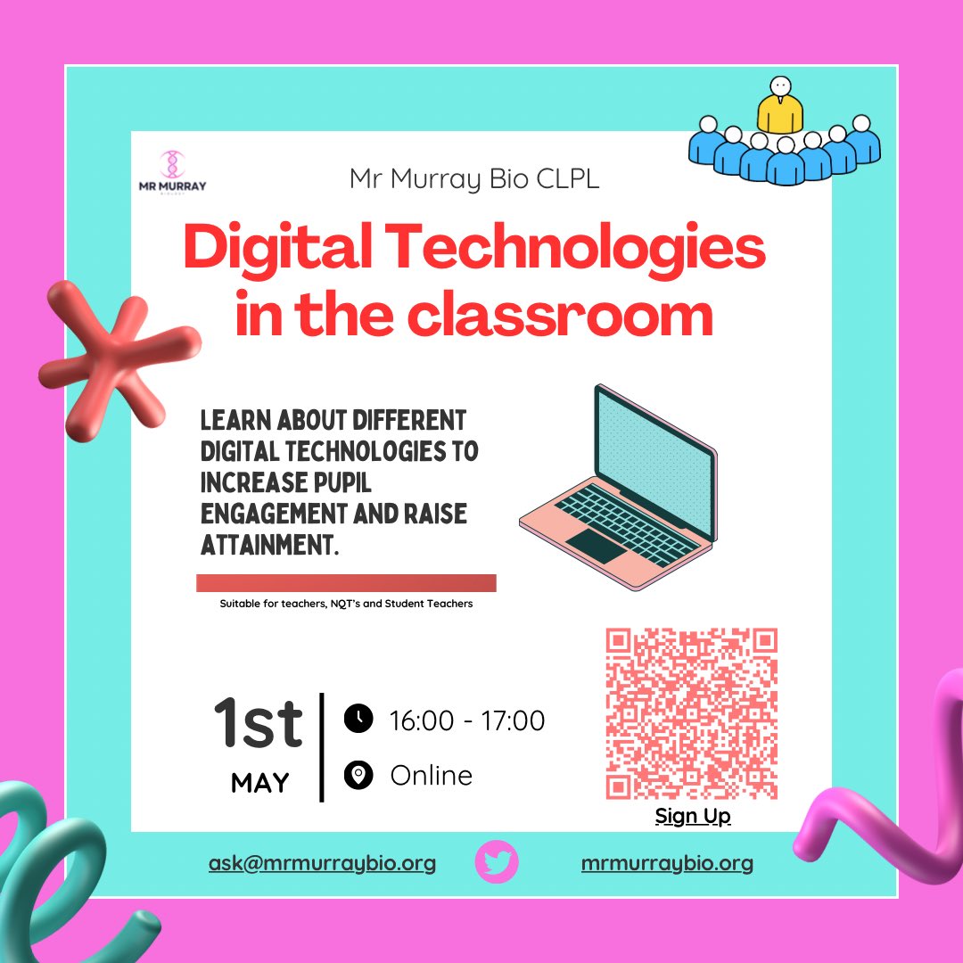 mrmurraybio's tweet photo. Teachers, student teachers & NQT’s 📣

Please see below a CPD session I am running on the 1st of May online and FREE. Shares/likes appreciated 📲

I will be talking about the different digital platforms used in Learning & Teaching and how they can be used effectively. 

Sign up via QR code or by the link.

https://t.co/zbm1MhaRq8
