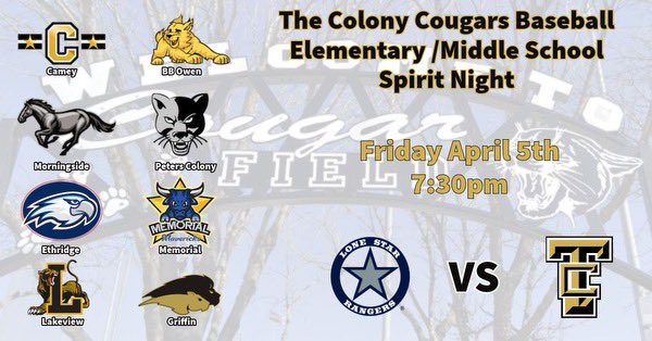 Join us in making plans to attend our Elementary and Middle School feeder night this Friday as we take on <a href="/LSBNBoosters/">LSHS Baseball Nation</a> ! 
<a href="/Camey_ES/">Camey Elementary</a> <a href="/BBOwenES/">BB Owen Elementary</a> <a href="/MorningsideES/">Morningside ES</a> <a href="/PetersColonyES/">Peters Colony ES</a> <a href="/EthridgeES/">Ethridge Elementary</a> <a href="/MemorialSTEM/">Memorial Elementary</a> <a href="/LakeviewMS/">Lakeview MS</a> <a href="/LV1Athletics/">Lakeview Boys Athletics 🏈🏀🏃🏽‍♂️⚽️</a> <a href="/Griffin_MS/">Griffin MS</a> <a href="/GMS_Sports_Boys/">GMS Boys Athletics</a>