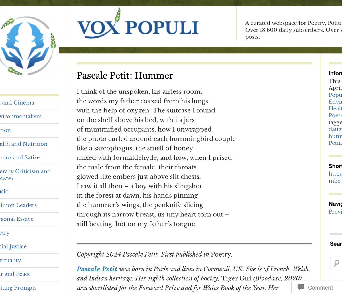 Thanks Michael Simms for posting ‘Hummer’ on Vox Populi today! The poem was 1st published @poetrymagazine & will be included in my next collection Beast @BloodaxeBooks next April. It appears as I’m proofing my novel ‘My Hummingbird Father’ @saltpublishing wp.me/p4xqzG-mbc