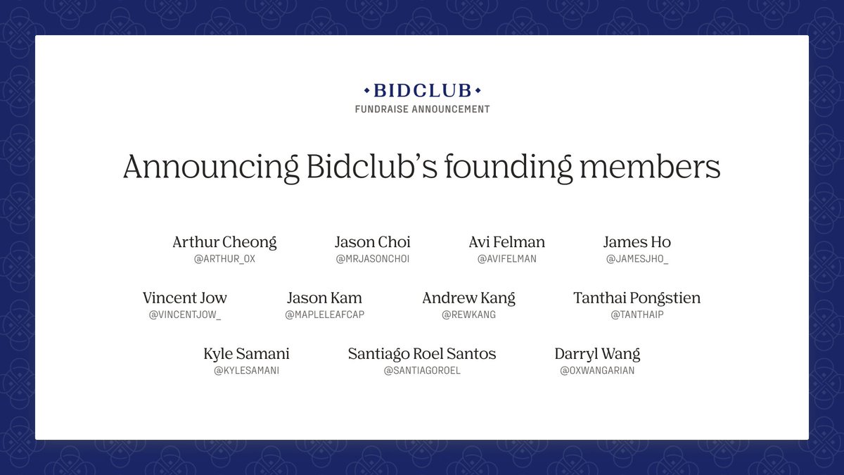 bidclubai's tweet photo. Announcing BidClub's founding members.

BidClub is a membership-based investment-idea sharing platform for longer-form theses around publicly-listed cryptocurrencies.

Now in closed beta and looking for our next cohort of members.
Hit us up and recommend someone.
Bid Smarter. https://t.co/vm5ZrRqTCQ
