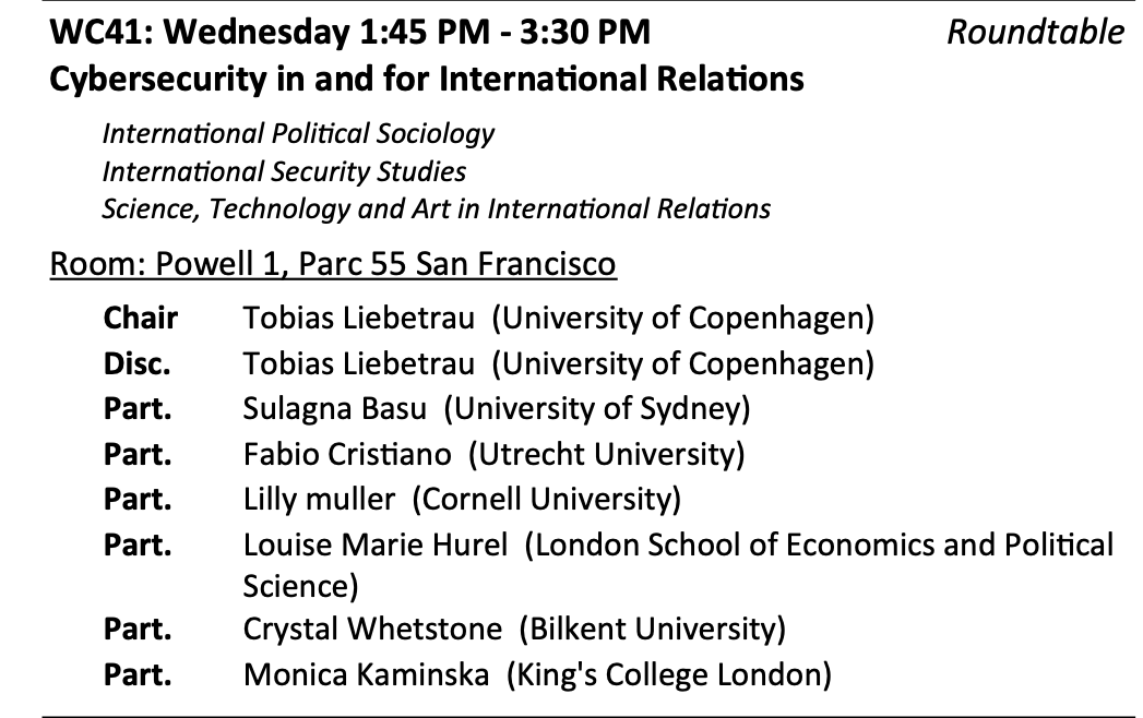 At #ISA2024? Did you read our @HDiplo special issue on cybersecurity expertise and want to continue the discussion about cybersecurity, expertise and techno-politics? Come kick of ISA today (wed) with our round table @ 1.45-3.30 where we will discuss cybersecurity in and for IR