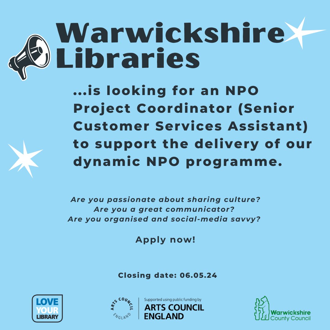 Join @warkslibraries NPO Team as our Project Coordinator (PT) & support the delivery of a vibrant & dynamic arts & cultural programme. D/L: 6th May Info: bit.ly/4aeJCUe Join the only library NPO in the West Midlands! @Warwickshire_CC @ace_midlands @ace_national