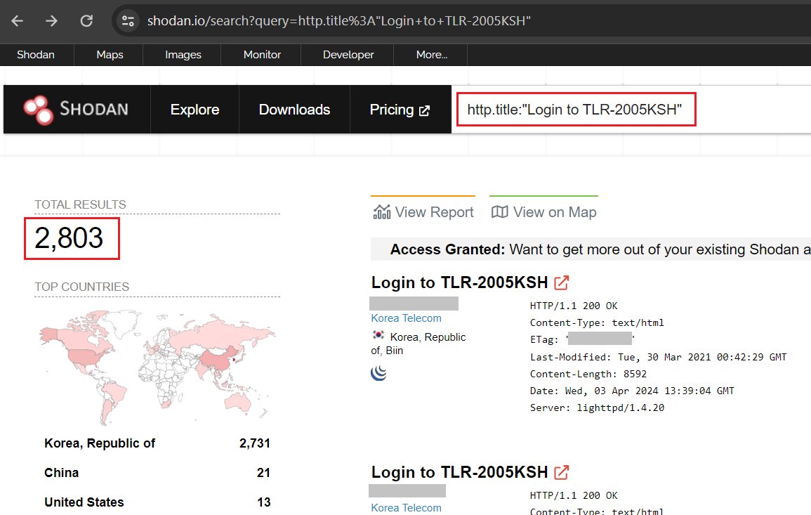 win3zz's tweet photo. CVE-2024-29269: TELESQUARE TLR-2005KSH Router vulnerable to unauthenticated OS command execution
Severity: Critical
Details: https://t.co/KPdap9sISr 
PoC: https://t.co/DPZUbeLHuo https://t.co/KTdD3Vx3mw