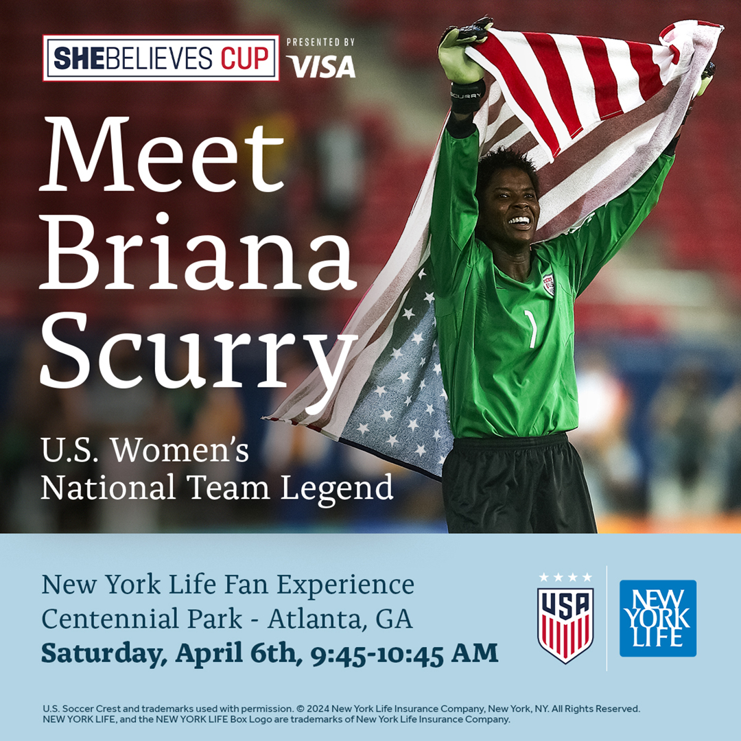 Attention Atlanta soccer fans! Meet @USWNT legend @BriScurry this Saturday at the She Believes Cup presented by @Visa_US Block Party. Come by the New York Life Fan Experience to say hi, play games, and celebrate women's soccer. #SheBelievesCup ⚽