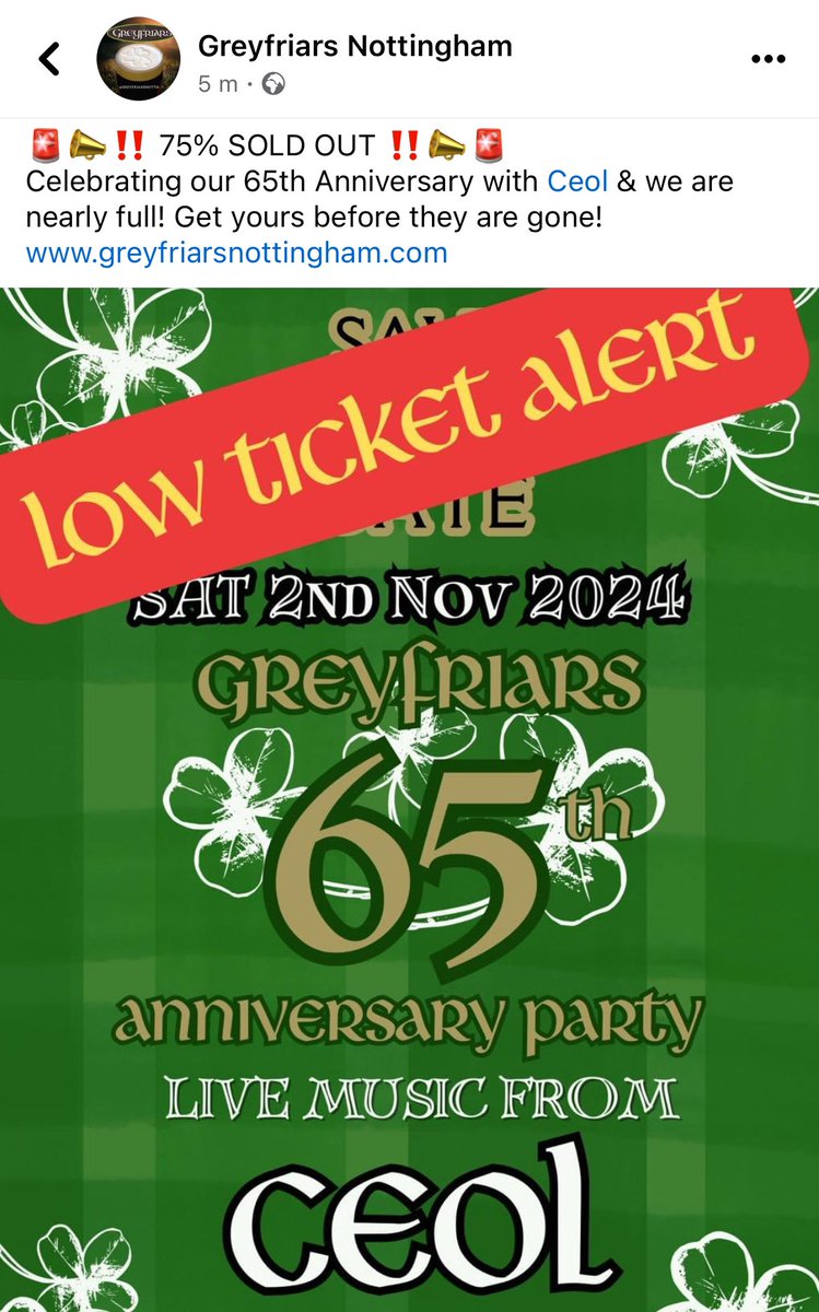 Support our Sponsor, The Greyfriars Nottingham in November for the 65th Anniversary and join us all for a great evening of live music from CEOL. Tickets are 75% sold out, so although this is not until November, we suggest getting your tickets now to avoid disapointment! ☘️