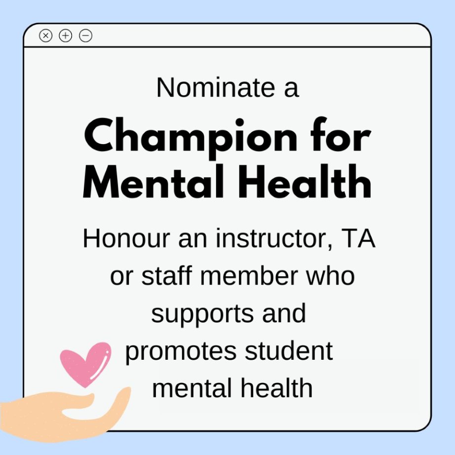Has a Queen's professor, TA or staff member positively impacted your mental health? Recognize their support by nominating them as a Champion for Mental Health! Nominations are open until April 19th. Let's celebrate those who make a difference! bit.ly/4aDgq9o