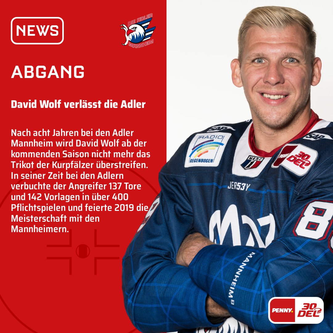 Nach acht Jahren verlässt David Wolf die <a href="/adlermannheim/">Adler Mannheim</a>. In seiner Zeit bei den Adlern verbuchte der Angreifer 137 Tore und 142 Vorlagen in über 400 Pflichtspielen und feierte 2019 die Meisterschaft mit den Mannheimern. #PENNYDEL