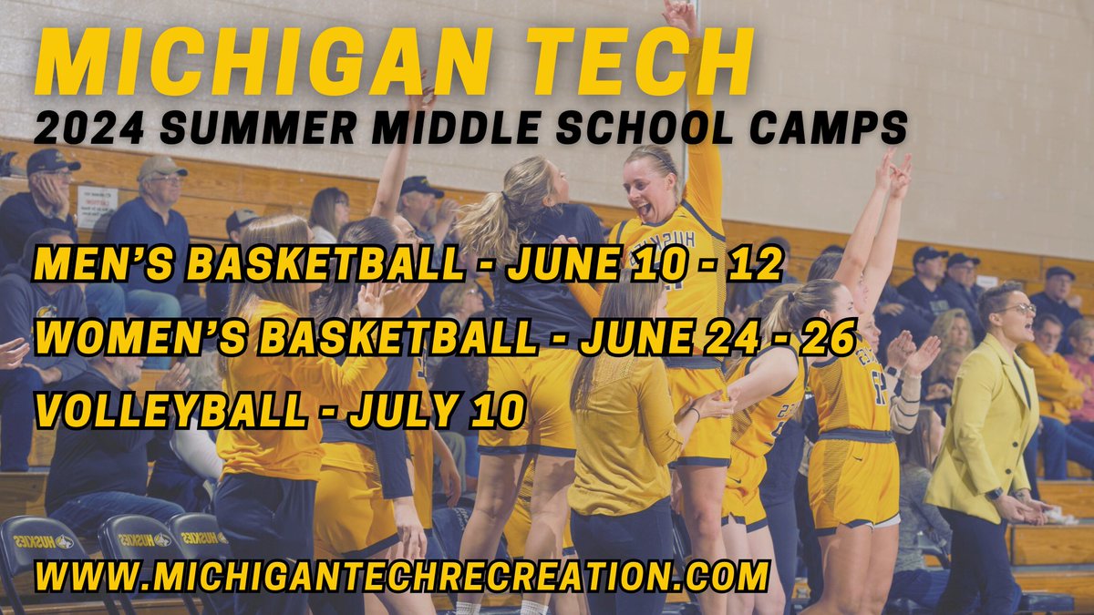 Michigan Tech has sports camps available for Middle School students this summer! We have Men’s basketball from June 10 - June 12, Women’s basketball June 24 - June 26, and Volleyball on July 10. Information on ALL our summer programs can be found at michigantechrecreation.com/camps/summer/i…