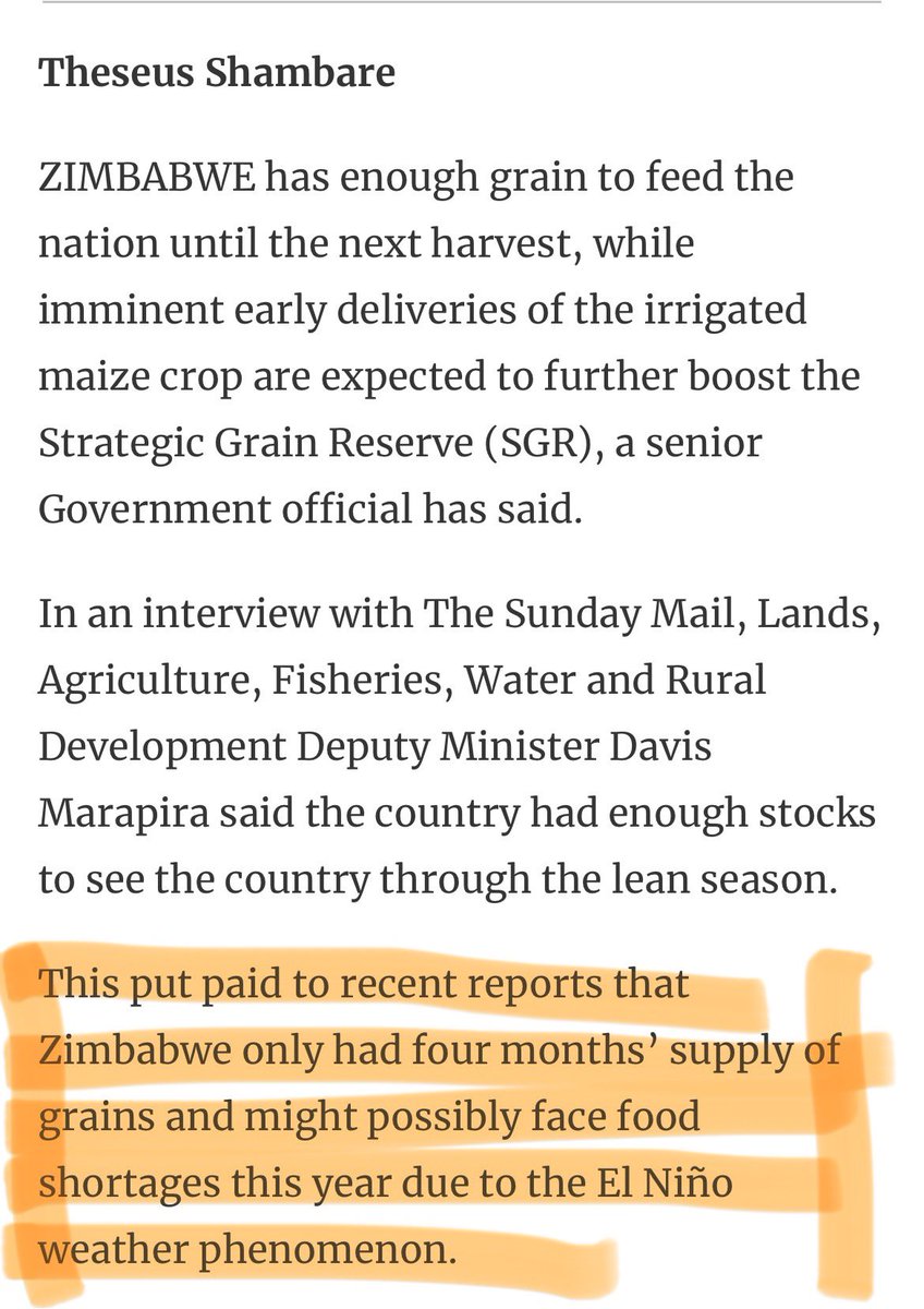 🟣Dear @SundayMailZim, Do you remember your report of 4 February 2024 where you said that Zimbabwe had enough stocks to last through the lean season and denouncing the data that the country only had four months left of grain due to the drought? Was that report based on a lie…