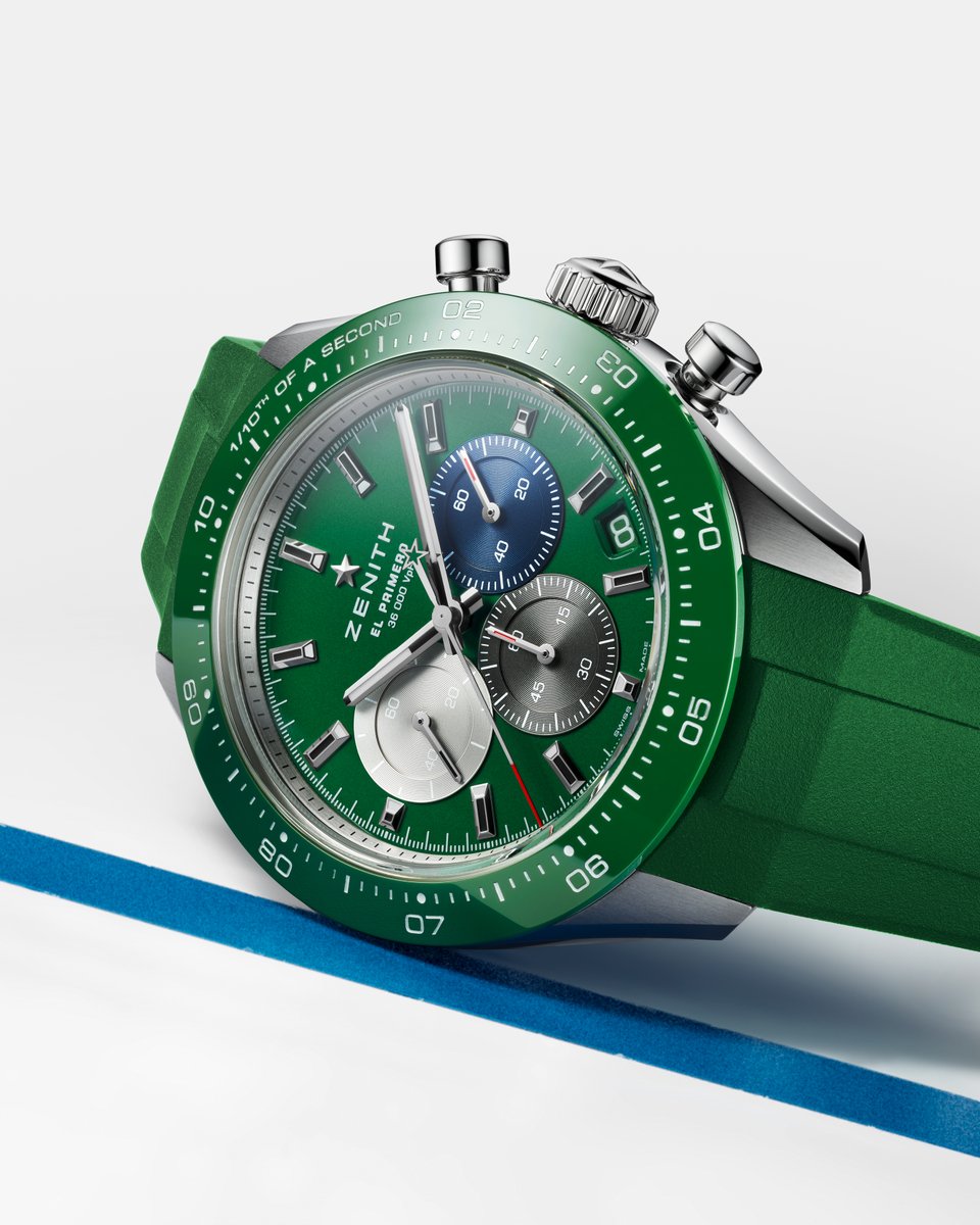 #ChronomasterSport: A fresh take on ZENITH's sporty chronograph for spring, with a green ceramic bezel and lacquered green tricolour dial. Now available with an integrated rubber strap that moves with you. #ZenithWatches #ZenithChronomasterSport #ElPrimero #GreenWatch