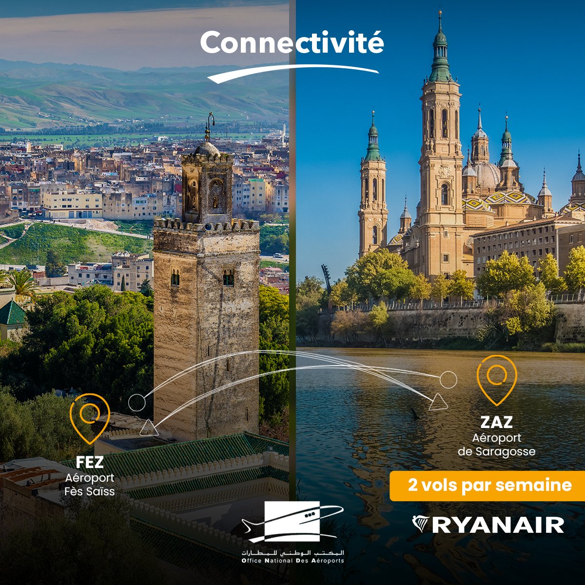 De Fès à Saragosse, embarquez pour un voyage entre deux joyaux culturels! 🌍 Désormais, l‘Aéroport Fès Saïss est relié à celui de Saragosse par la compagnie aérienne @Ryanair, avec une fréquence de deux vols par semaine. ✈️ #ONDA #Airport #AéroportsDuMaroc #Fès #Saragosse