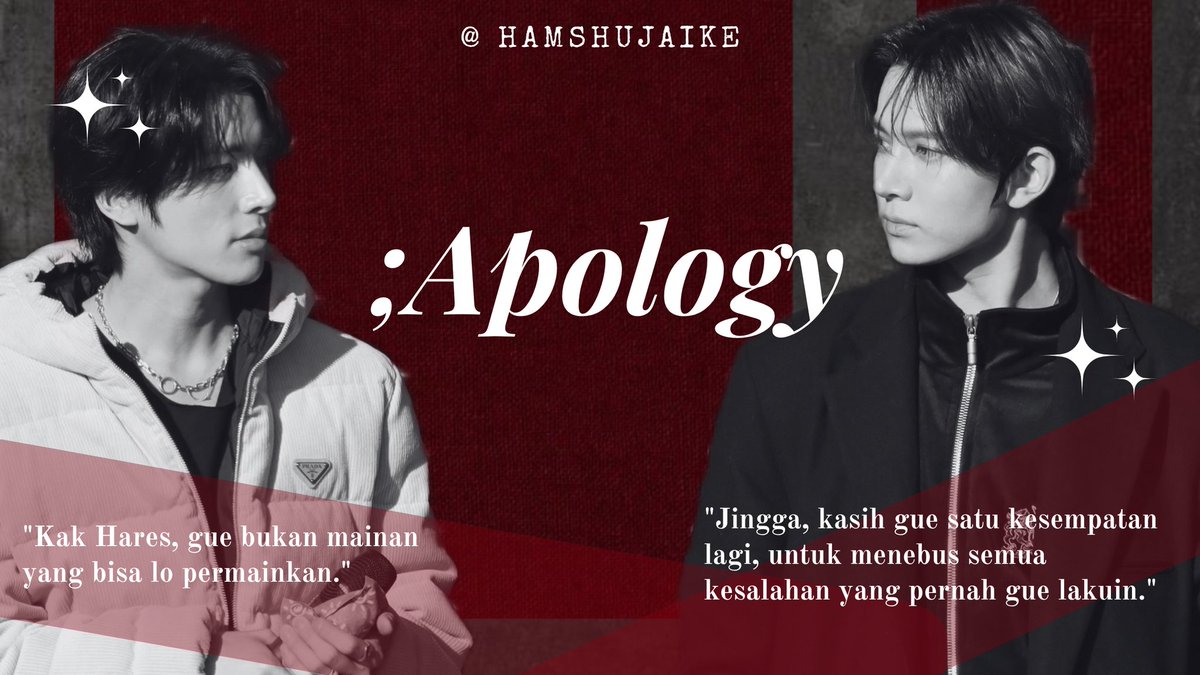 hamshujaike's tweet photo. Heejake long tweets au
—  
; Apology 

Jingga berusaha untuk terbebas dari bayangan trauma dimasa lalunya dan datanglah Hares ke dalam hidupnya. Hares hanya ingin mendapatkan kasih sayang yang belum pernah ia rasakan.

#Heejake
© hamshujaike https://t.co/4gbQFJYpAG