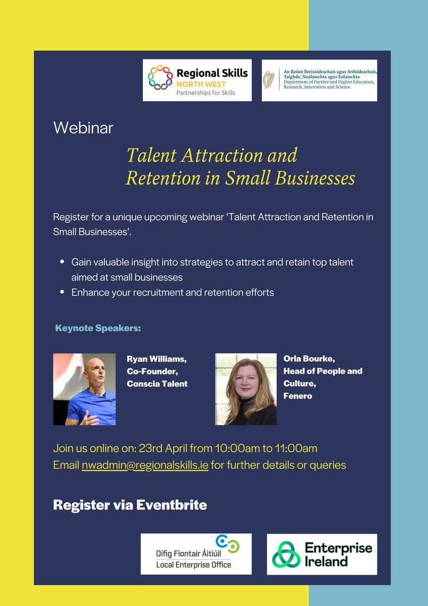 Talent Attraction &amp; Retention in Small Businesses webinar on Tuesday 23rd April at 10am. Gain insights into retaining top talent &amp; methods for enhancing recruitment efforts <a href="/LEOSligo/">LEO Sligo</a> <a href="/LEOLeitrim/">LEO Leitrim</a> <a href="/DonegalLEO/">LEO Donegal</a> <a href="/Entirl/">Enterprise Ireland</a> 
Register here: lnkd.in/eSVd9pRe