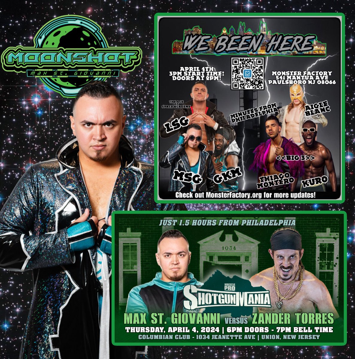 It’s a DOUBLE SHOT of MOONSHOT!!! 

Tomorrow, the #StGiovanniBros return to @4MonsterFactory when the entire #AceOfSpaceAcademy competes in Tag-Team action!

Then, I battle in singles action against one half of the #RatBastards, @ZanderTorresPro, at @WrestlePro’s #ShotgunMania!!!