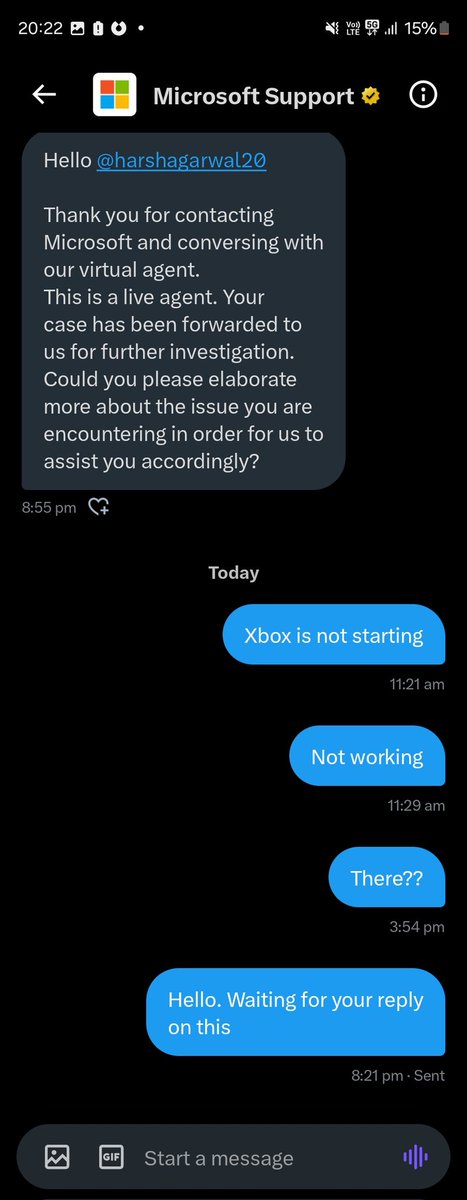 harshagarwal20's tweet photo. @Microsoft @XboxSupport @MicrosoftIndia @satyanadella @BillGates I have been waiting for a reply on my issue from your live agent. But haven't got one. Please help. Pls get my issue sorted. This is extremely unprofessional. Not expected from you all https://t.co/YvJhcPVBvi