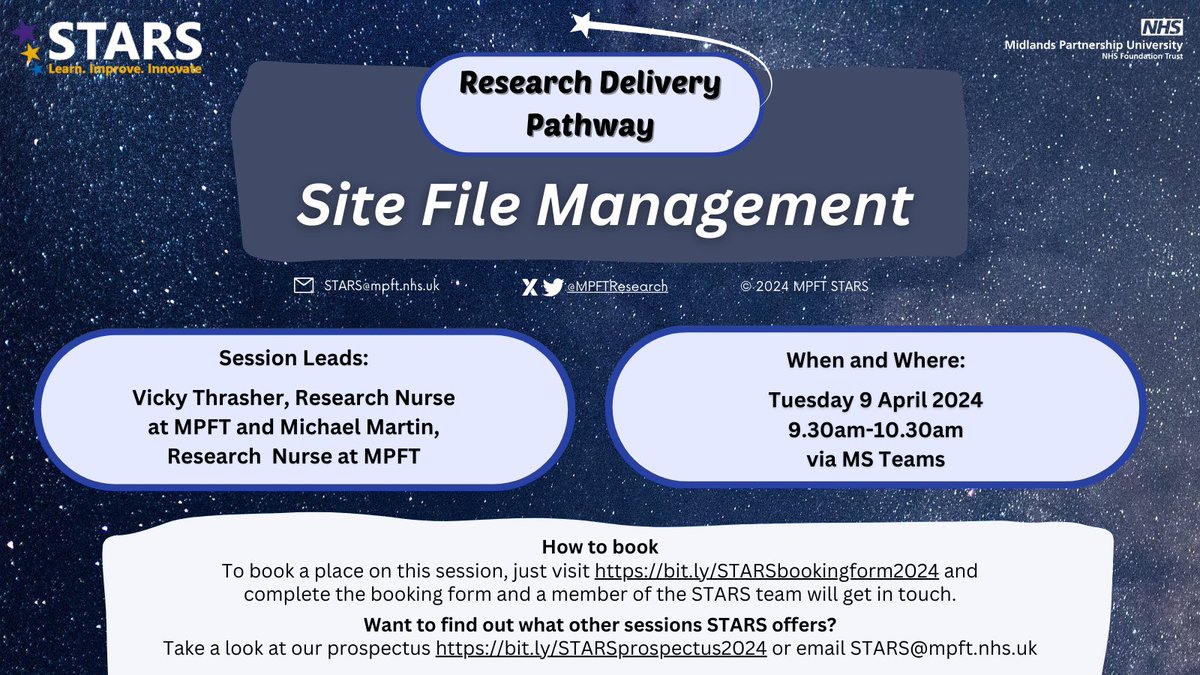 #MPFTSTARS: Supporting The Advancement of #ResearchSkills Programme! ☑️Next session: Site File Management 🗓️When: 09/04/24 👥Book your place: bit.ly/STARSbookingfo… ✨The STARS Prospectus*: bit.ly/STARS2024extpr… *Open to health & care organisations in the #WestMidlands