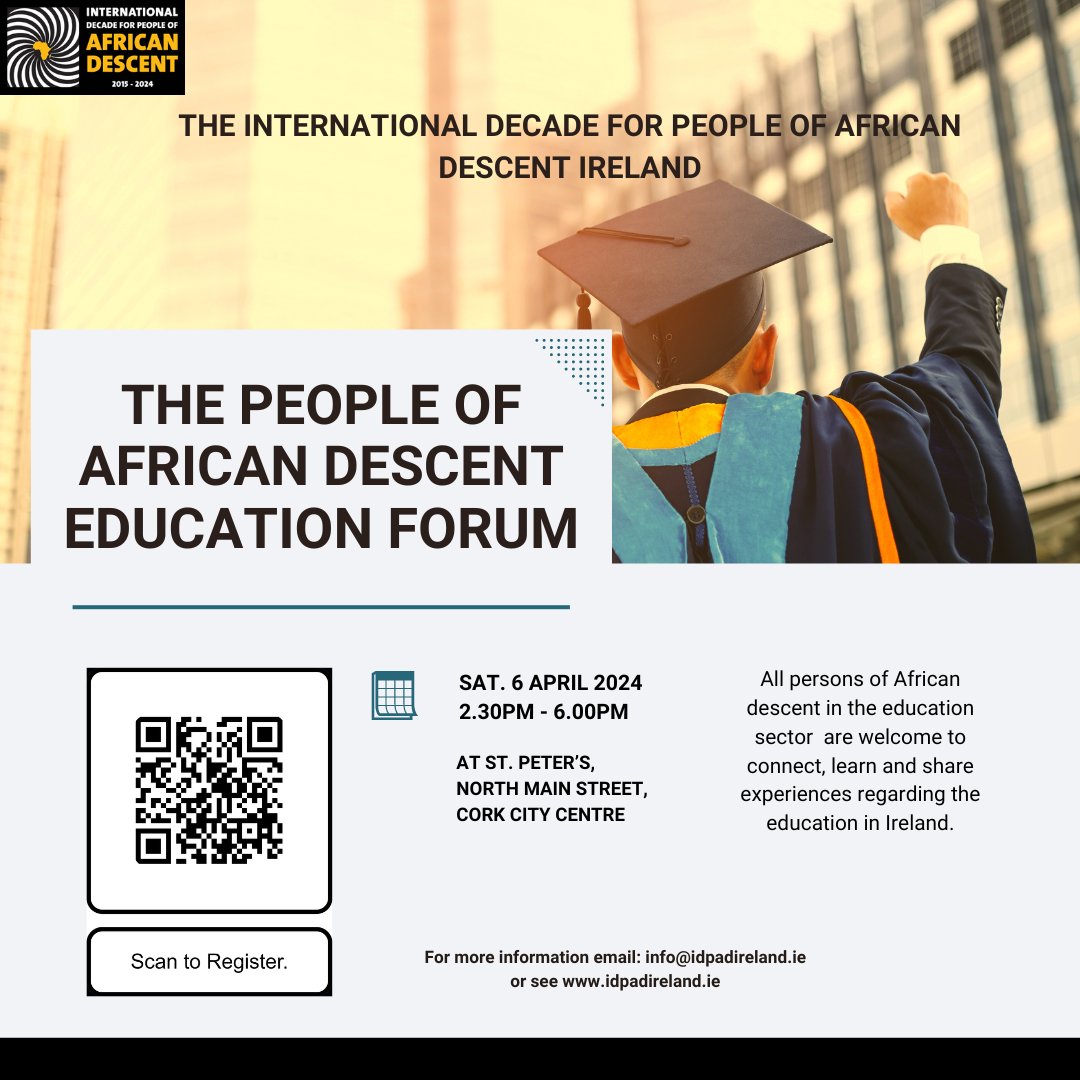 🌍📚 Join us for the People of African Descent Education Forum in Cork City!  Free authentic African food will be served! Spread the word and see you there! 🍲✨ Please register via this link:
lnkd.in/gs5P87mN

#educationforall #africandiaspora #community #cork