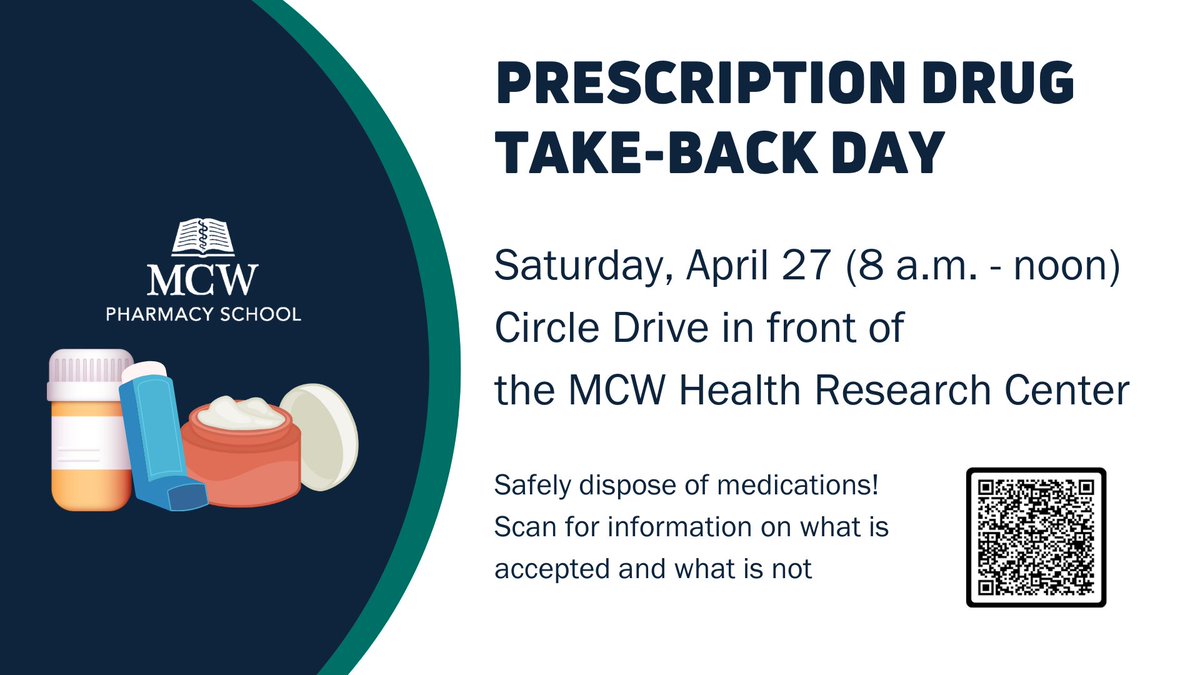 Do you have unwanted prescription drugs? Safely dispose of them on Saturday, April 27 during Prescription Drug Take-Back Day. The @WauwatosaPD and @MCWPharmacy will have a disposal site in the @MedicalCollege HRC Circle Drive.