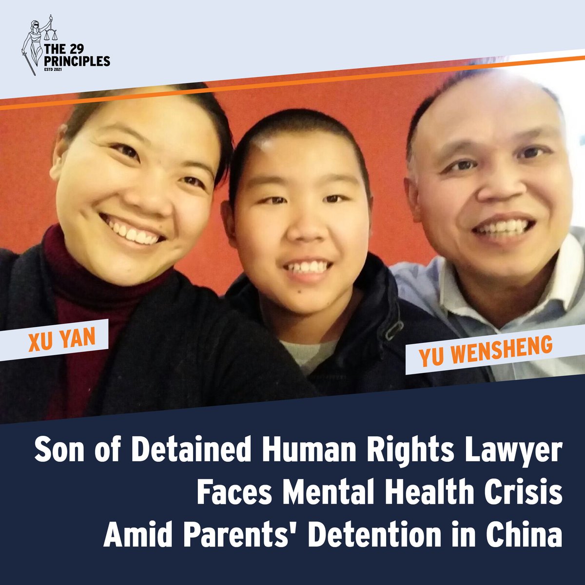 It's been nearly a year since human rights lawyer #YuWensheng and his wife #XuYan were arrested by Chinese authorities. Their 19-year-old son, Yu Zhenyang, has suffered greatly, dropping out of high school and attempting suicide twice due to the trauma of his parents' suppression