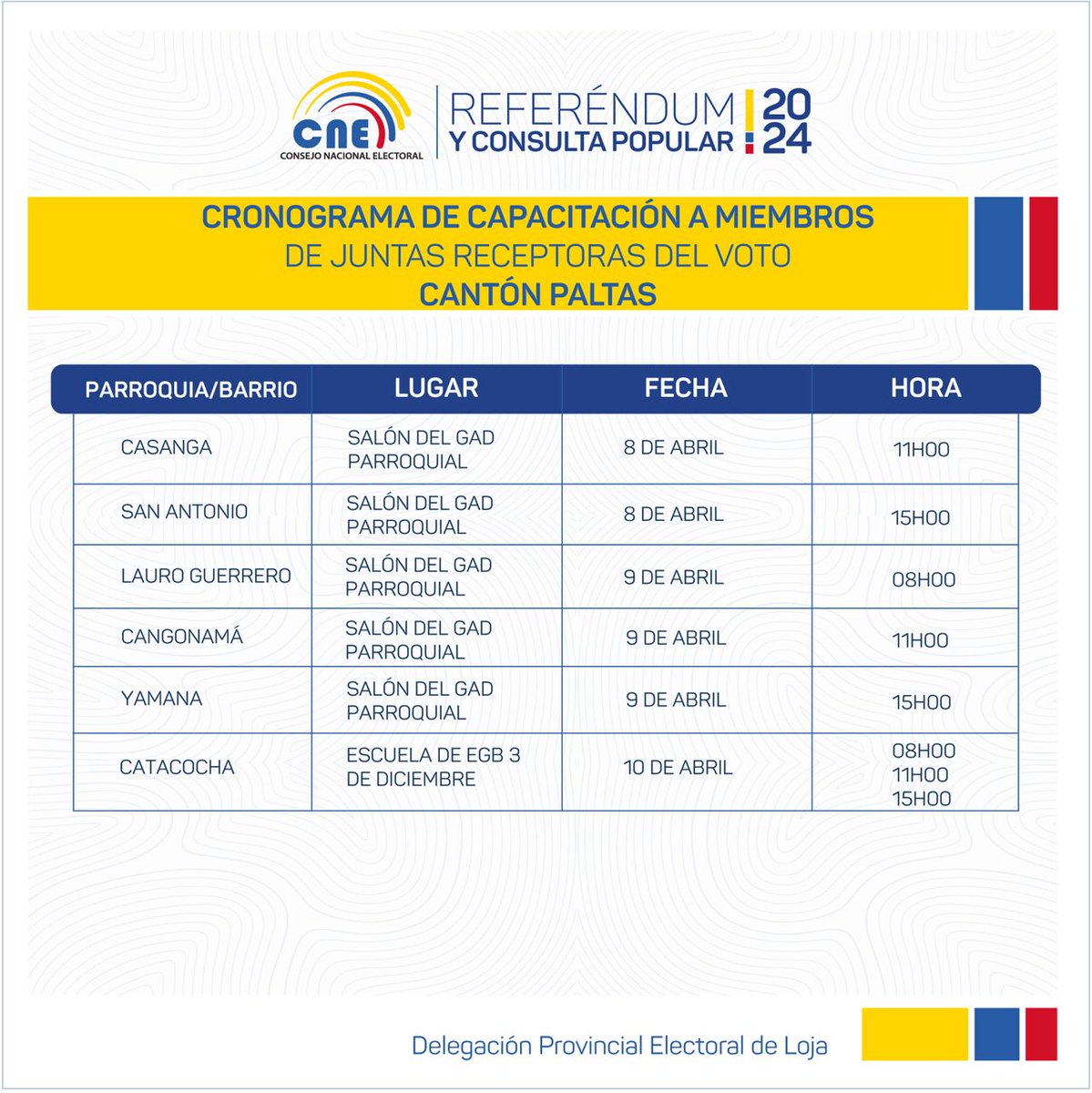 CNELoja's tweet photo. PALTAS ☝️ | ¿Fuiste designado como Miembro de una Junta Receptora del Voto? Capacítate en los siguientes puntos en el cantón #Paltas 🇪🇨 y cumple con este deber cívico el próximo 2️⃣1️⃣ de abril .
¡#EcuadorCuentaContigo! 🙋🏽🙋🏽‍♀️.
#ReferéndumYConsulta2024 🗳️. https://t.co/vDq12uG7dH