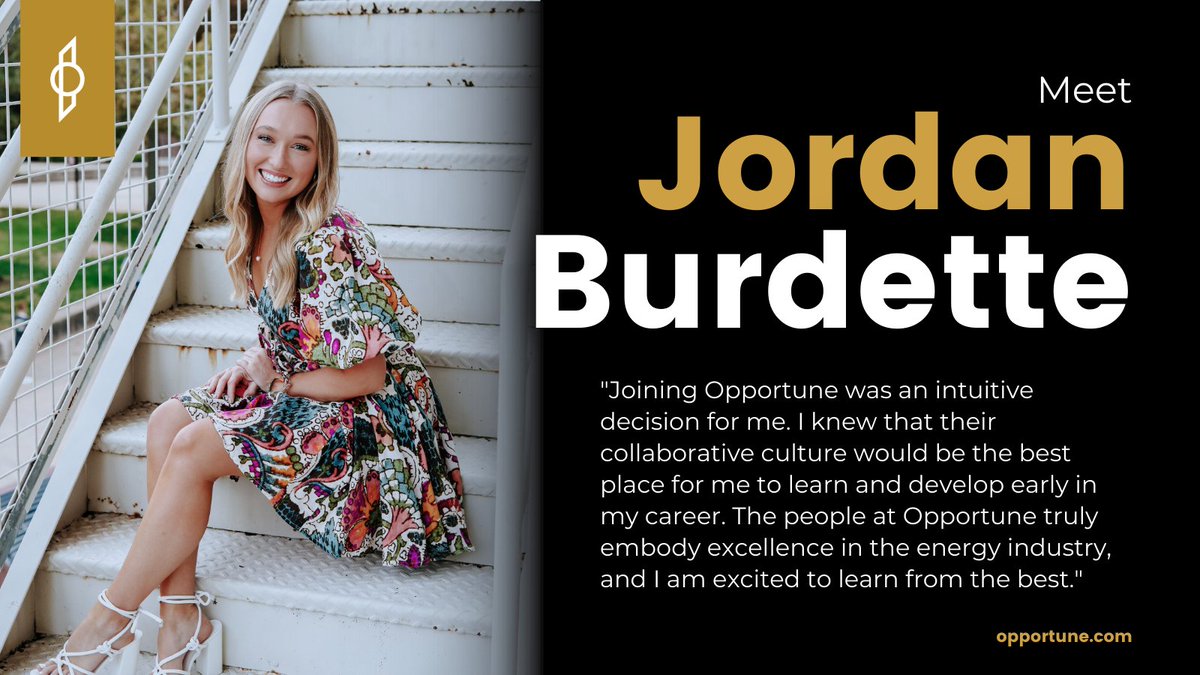 Please join us in welcoming Jordan Burdette to Opportune! She is a consultant in our process and technology group located in Houston. Jordan graduated with a Bachelors and Masters degree from @UofOklahoma. #NewHire #Welcome #OpportuneCareers