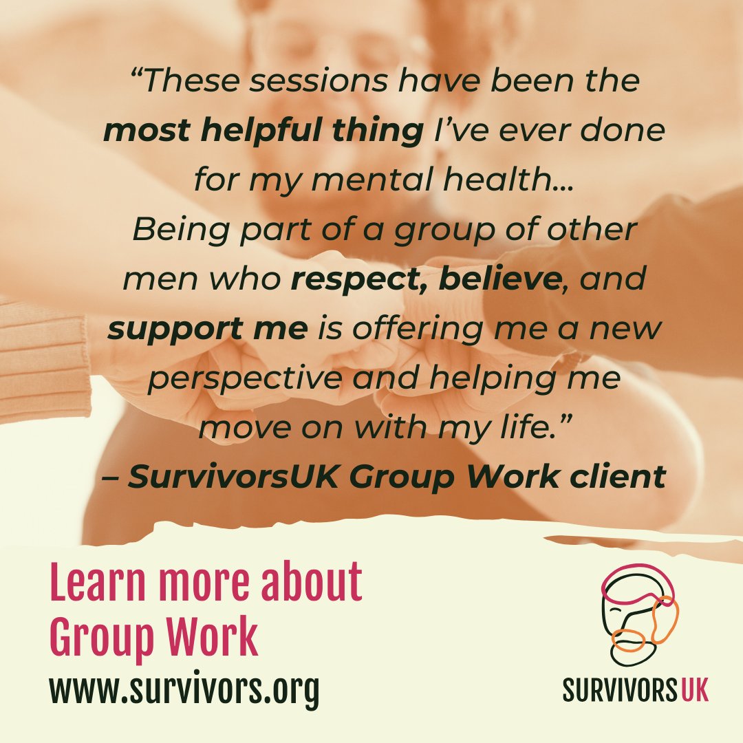 ❤️ 'These sessions have been the most helpful thing I’ve ever done for my mental health' ❤️ Group work is a safe, confidential space where survivors can tell their story, share experiences and find community. Learn more about our services at survivorsuk.org