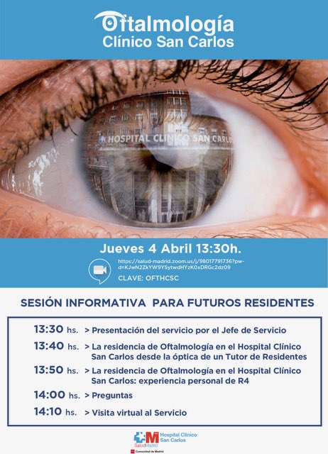 Recordad futuros MIR que mañana tenemos sesión informativa en <a href="/OftalmSanCarlos/">Oftalmología Clínico San Carlos</a>, presencial 11:30h y 13:30h, virtual también ésta última <a href="/academiamir/">Academia AMIR</a> <a href="/CTOMedicinaES/">CTO Medicina</a> <a href="/mirasturias/">MIR Asturias</a>