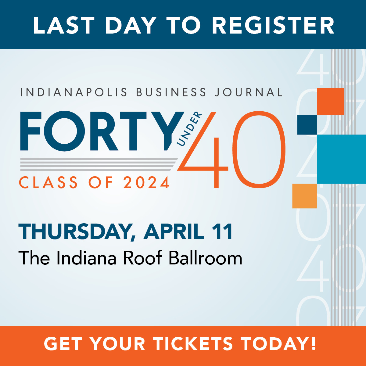 Tomorrow is the last day to register for our Forty Under 40 event! Join us as we celebrate 40 remarkable individuals who have made their mark before the age of 40. Don't miss out, click the link to register: ow.ly/haVK50R7ut5 #IBJ40
