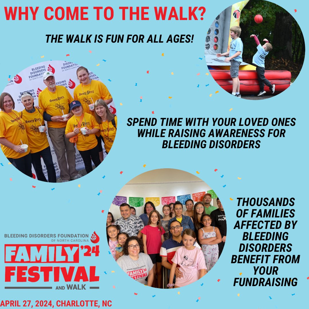 Why come to the walk? Well not only is it fun for the whole family and a great way to spend time together, but also by attending the walk you are supporting thousands of families affected by bleeding disorders 🎉 To register, visit: secure.qgiv.com/event/2024char… 

#WalkWednesday #BDFNC