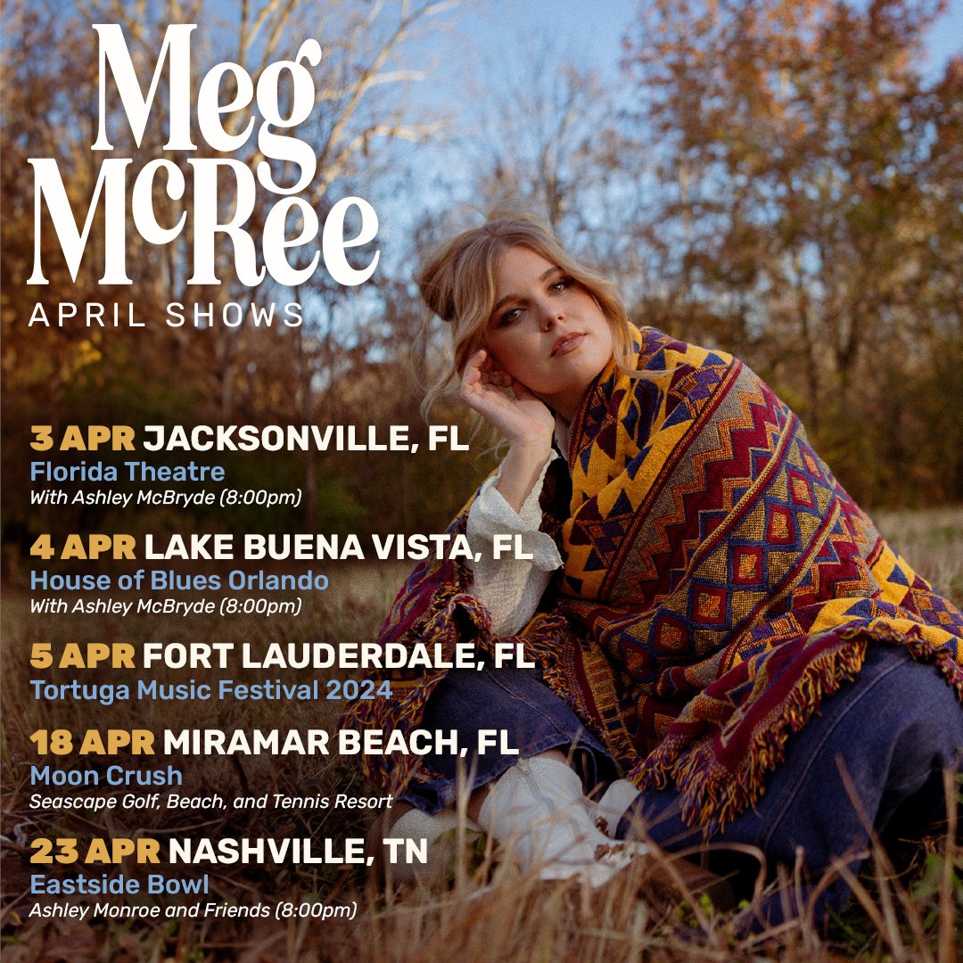 Kicking off April in Jacksonville tonight with @AshleyMcBryde! Comment down below where I’ll be seeing you this month! 🌷🕺 megmcree.com