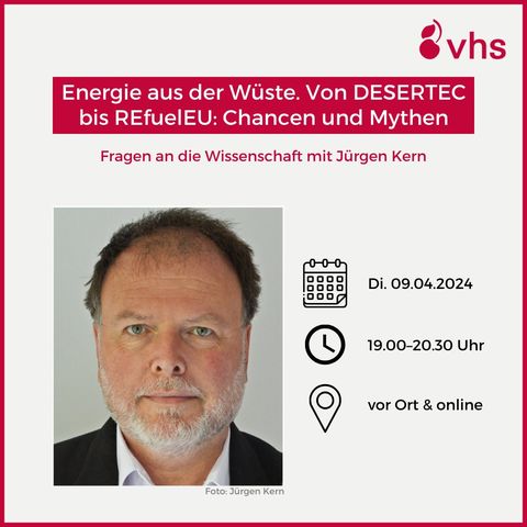 Die Idee, saubere und preiswerte Energie aus den unerschöpflichen Potentialen der Wüsten 🏜️ dieser Welt zu gewinnen, hat schon immer große Aufmerksamkeit erregt. Jürgen Kern vom @DLR_de, ordnet in seinem Vortrag die Chancen und Mythen solcher Projekte ein. vhs-stuttgart.de/programm/kurss…