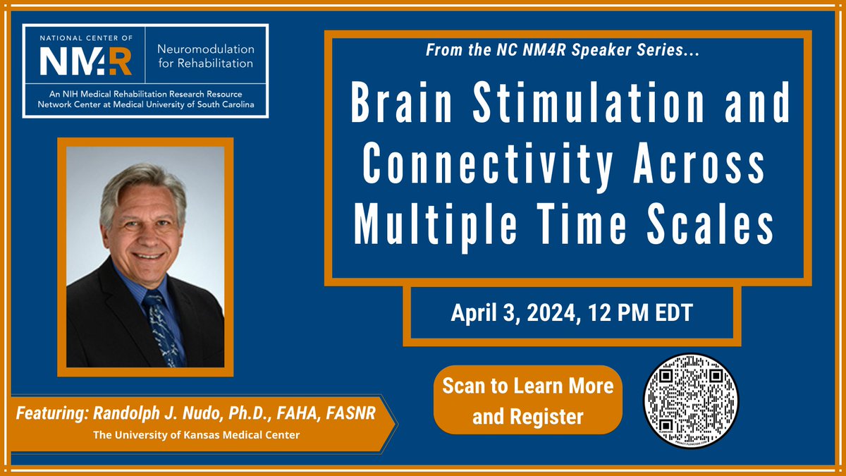 Join us TODAY at 12 PM EDT for our next speaker in the NC NM4R Speaker Series, Dr.Randolph J. Nudo of the University of Kansas, presenting his talk, "Brain Stimulation and Connectivity Across Multiple Time Scales"

chp.musc.edu/research/cente…