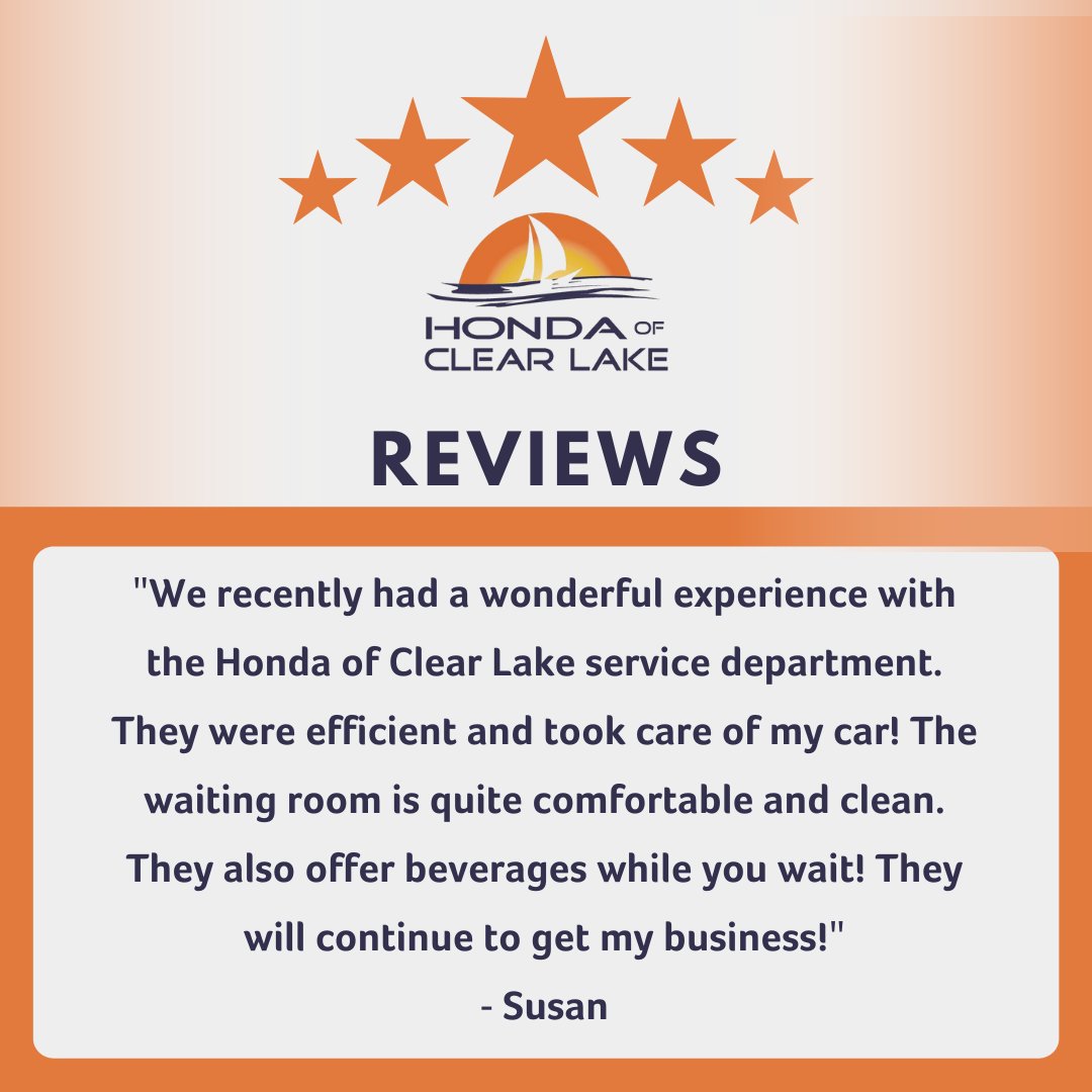 We wouldn't be here without our valued customers! Swing by Honda of Clear Lake this week for your own 5-star experience. ⭐ #Honda #HappyCustomer #5StarService