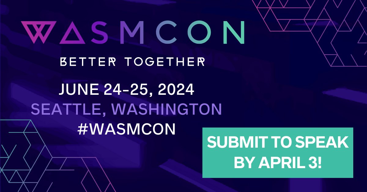 🔔 LAST CALL! 🔔 The #WasmCon Call for Proposals closes TODAY at 11:59 PM PDT. Share your expertise with attendees in Seattle from June 24-25! View all suggested topics & submit: hubs.la/Q02qqZxl0. Register now: hubs.la/Q02qr53W0.