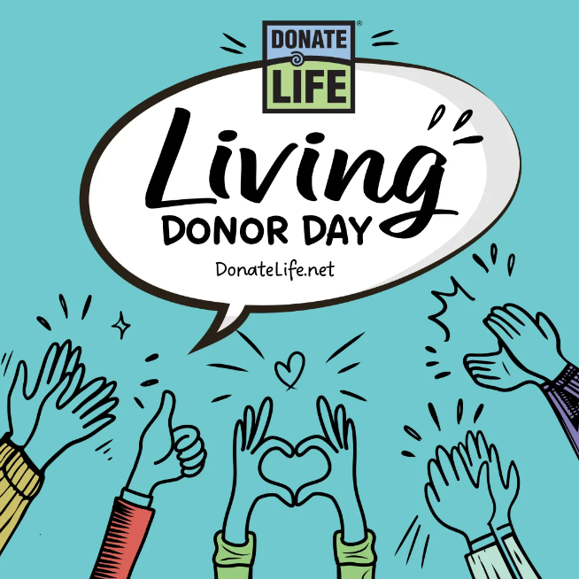 Today is Living Donor Day, which is part of National Donate Life Month! We want to honor and celebrate all of those who help to save lives by being organ and tissue donors. Learn more at donatelife.net. #livingdonorday