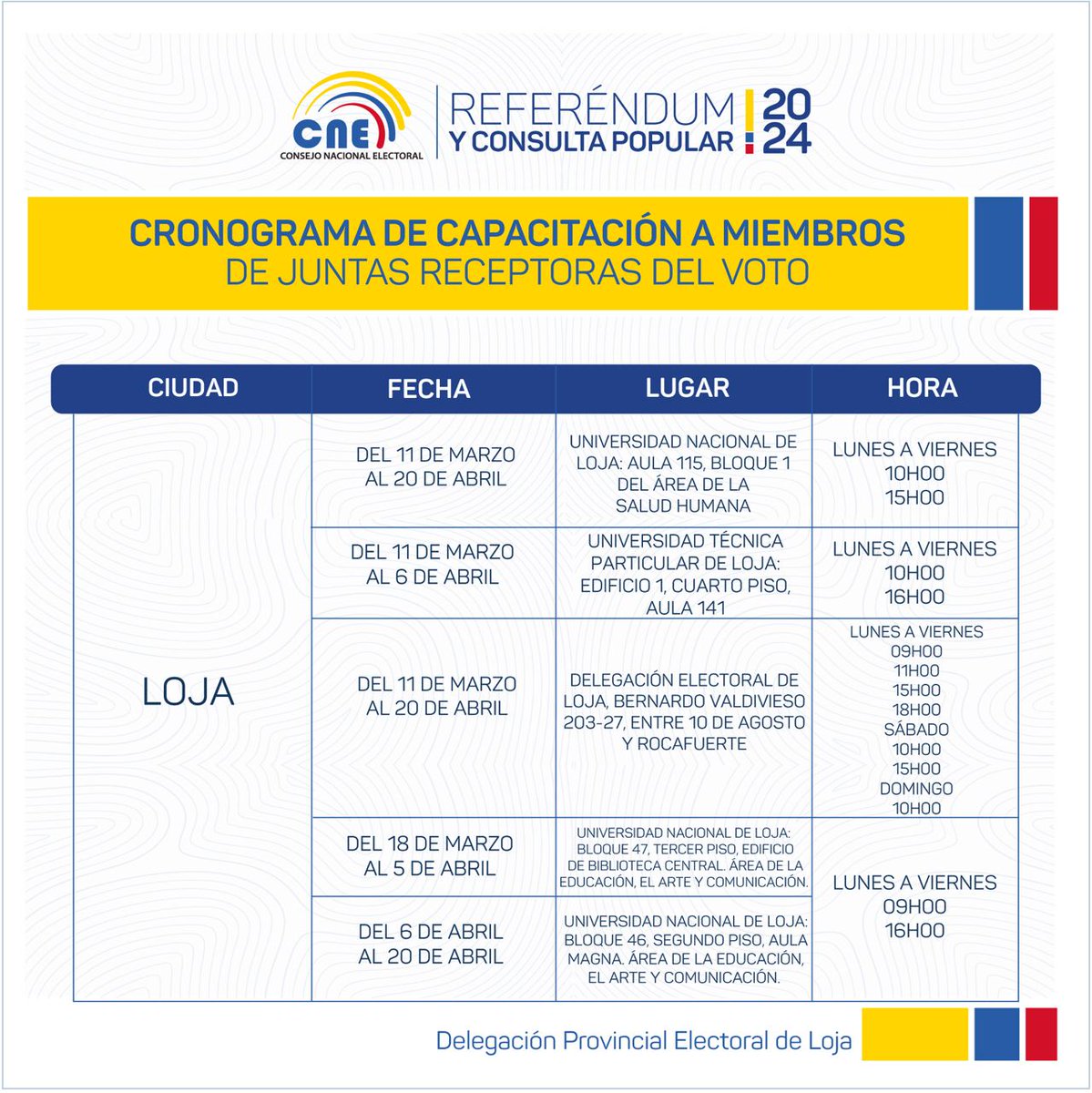 CNELoja's tweet photo. LOJA ☝️ | ¿Fuiste designado como Miembro de una Junta Receptora del Voto? Capacítate en los siguientes puntos en el cantón #Loja 🇪🇨 y cumple con este deber cívico el próximo 2️⃣1️⃣ de abril .
¡#EcuadorCuentaContigo! 🙋🏽🙋🏽‍♀️.
#ReferéndumYConsulta2024 🗳️. https://t.co/mSPbROow9a