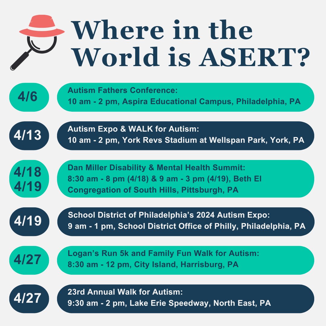 🕵️ Where is the World is ASERT?

In celebration of this month's theme of "Community," let's preview a few of the amazing community events ASERT will be attending. ⬇️

#ASD #Autism #AustimSpectrumDisorder #Community #ASERT #Neurodiversity