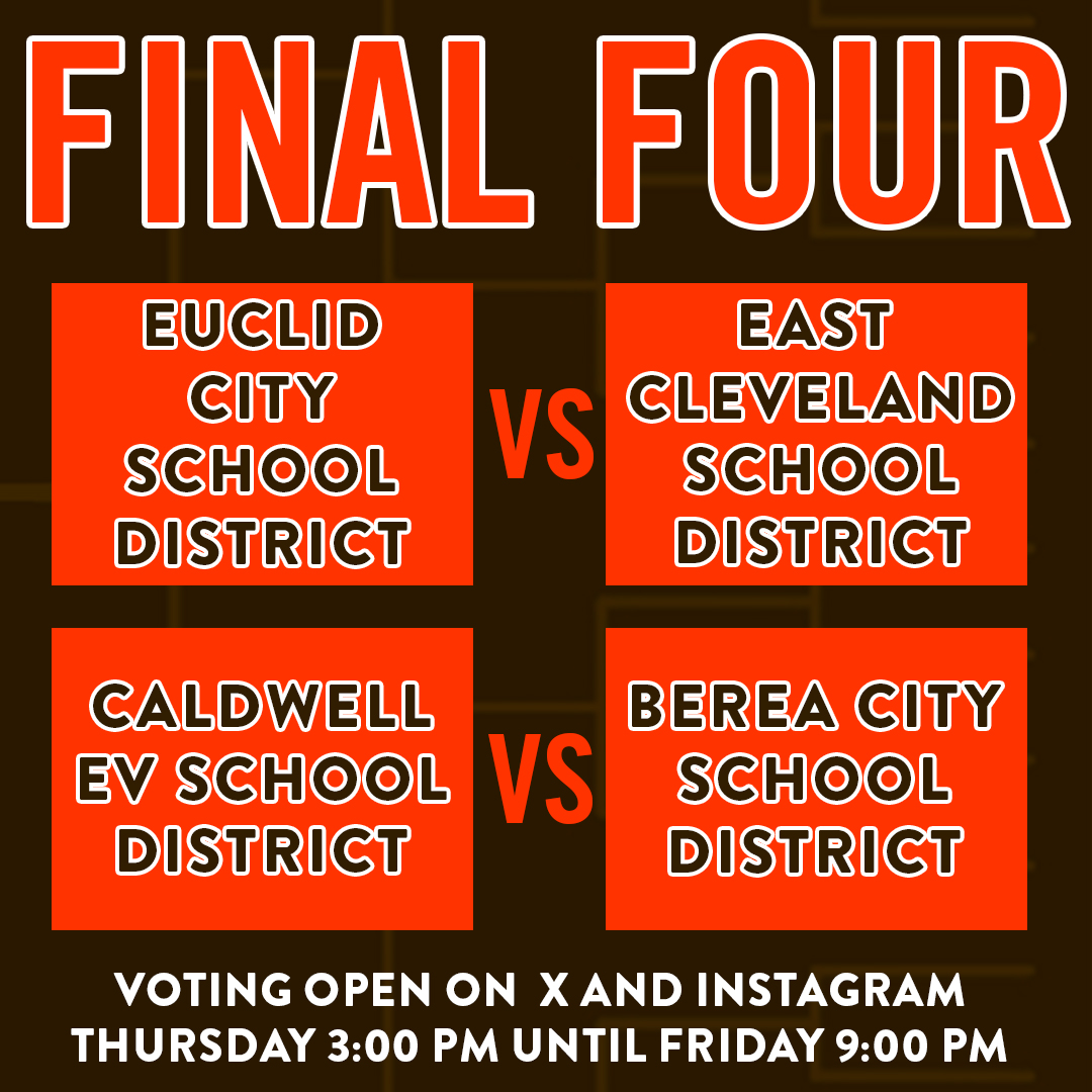 Congrats to the districts moving on to the Final Four! Voting opens here on X and Instagram tomorrow at 3pm and closes 9pm Friday! The match-ups: @euclidschools vs @EastCleSchools @cevsd2 vs @BereaCSD