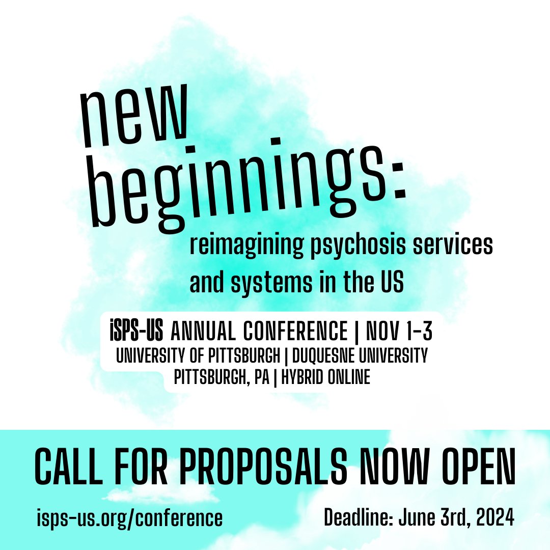 📢 ISPS-US CONFERENCE REVEAL - CFP NOW OPEN! 📢 

Our 2024 Annual Conference will take place from Nov 1-3rd in Pittsburgh PA, and hybrid online.

Learn more: isps-us.org/conference 

#universityofpittsburgh #duquesneuniversity #mentalhealth #conference #psychosis