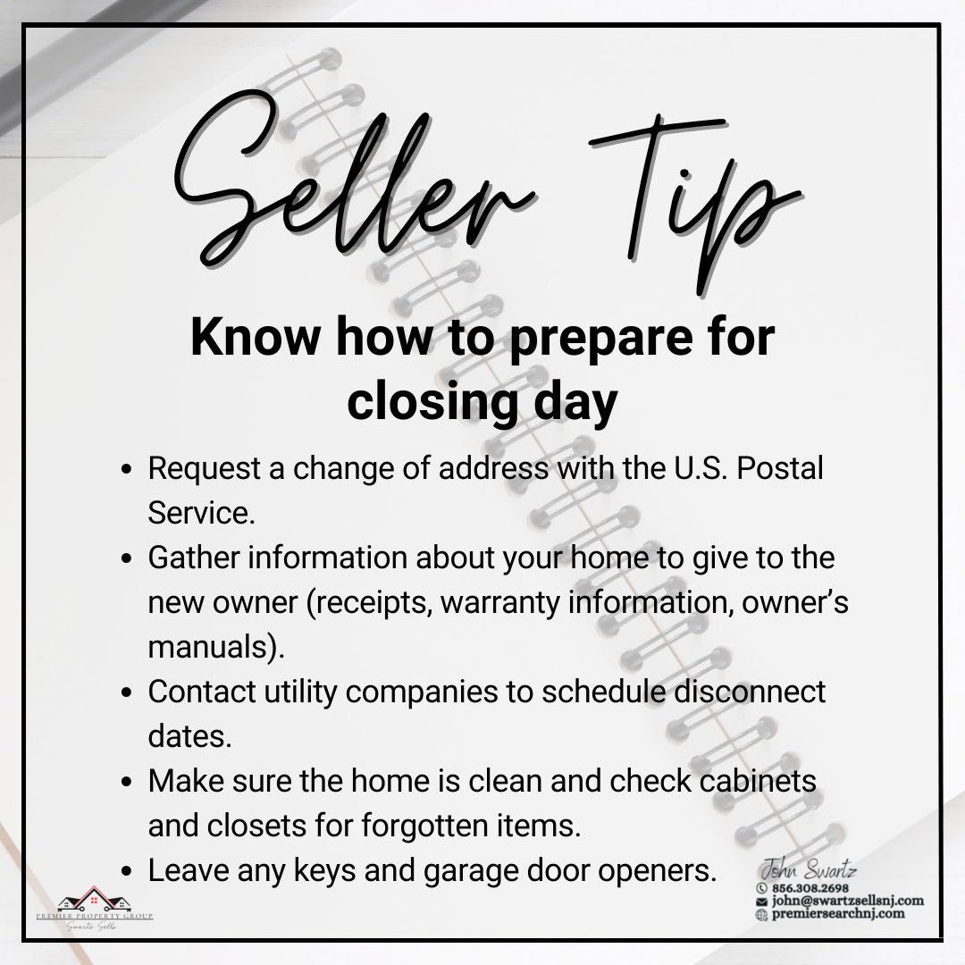 Some things to keep in mind before closing day!🏡

Contact, anytime! 
856.308.2698📲

#premierpropertygroup #swartzsells #swartzsellsnj #swartzsellspa #swartzsellsde #closingday #sellersagent #sellinghomes #SellYourHome