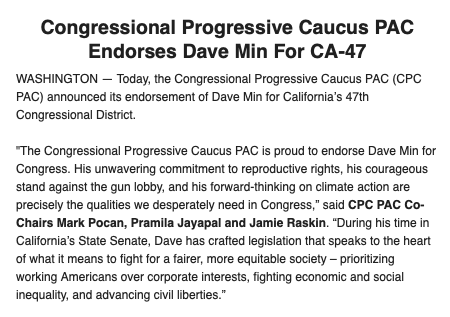 #CA47: Congressional Progressive Caucus endorses state Sen. Dave Min (D) in his matchup with Scott Baugh (R)