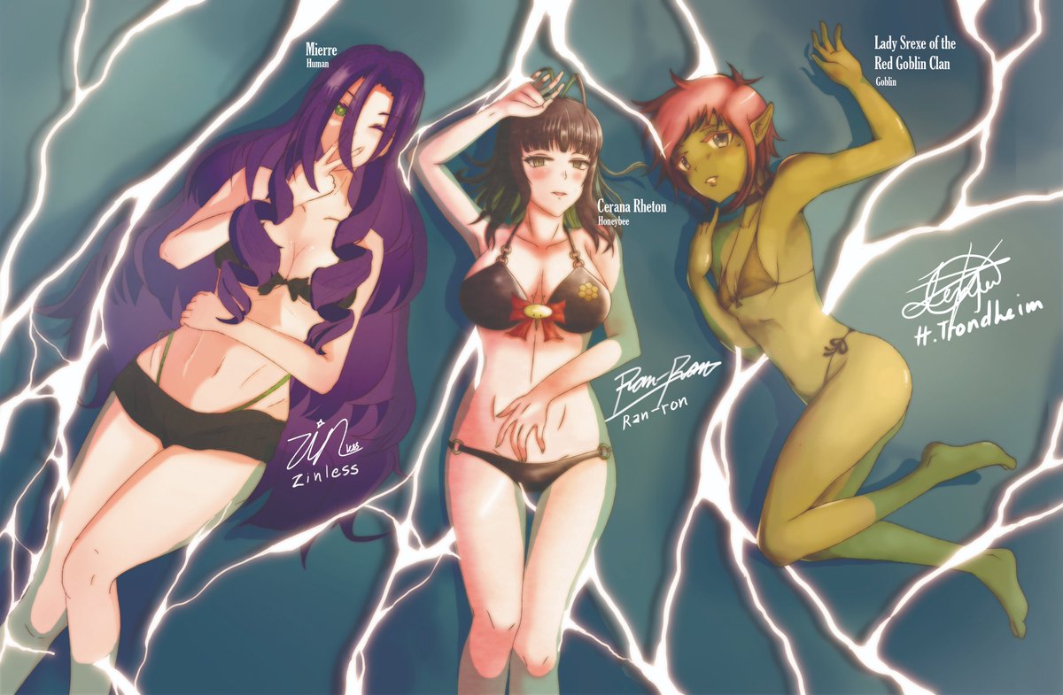 suchranron's tweet photo. Had another collab art with two art buddies from our writing/drawing discord server.

It's summer so you get ladies in bikini~ https://t.co/fqd241TWEJ