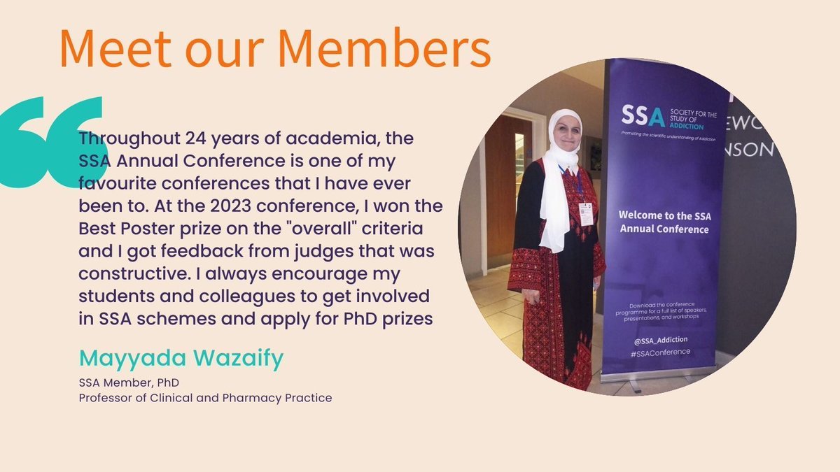 Meet Mayyada; she's been a member of the SSA since 2016. @MWazaify is Professor of Clinical and #Pharmacy Practice at the University of Jordan, and is a very valued member of our network. Explore the benefits and become a member today: buff.ly/43Mfo8w #AcademicTwitter