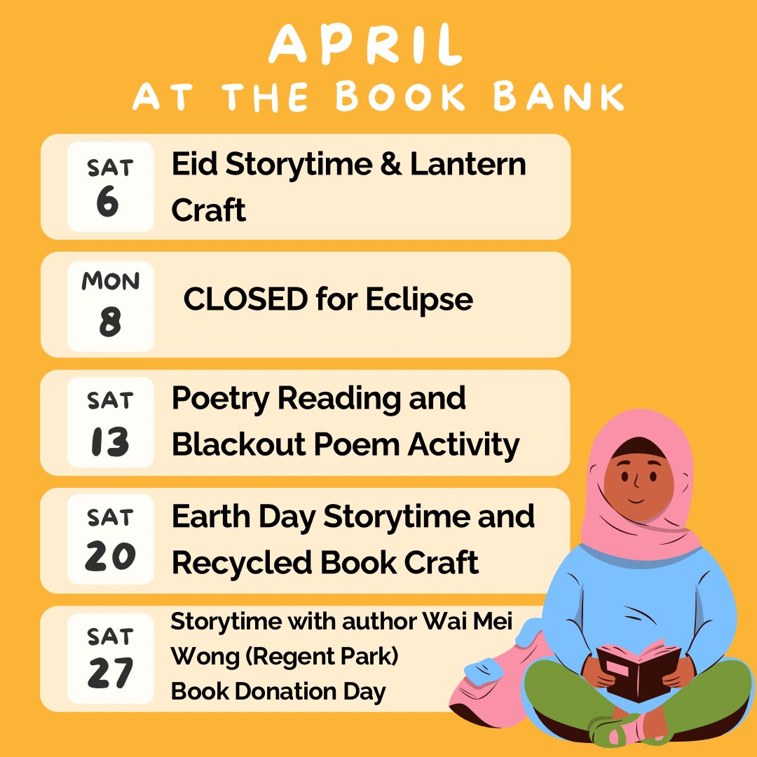 Join us Saturday, April 6 at 11:15 for a special Eid Storytime &amp; Craft happening at both our Regent Park and Sherbourne locations!

And check out the calendar to see all the events happening at the Book Bank this month!
#TorontoKids #kidsactivitiesintoronto #TorontoPrograms
