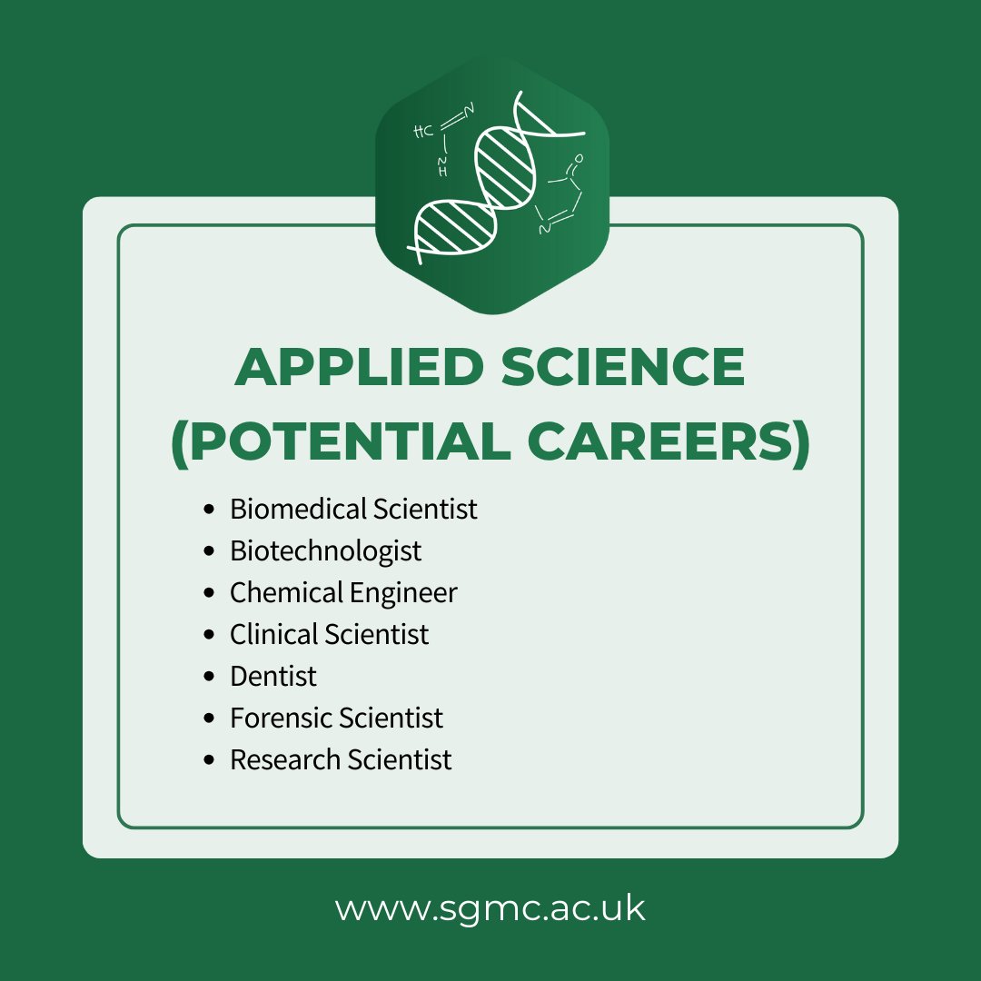 Curious about potential careers in Applied Science? 🌟 Explore your options and apply now at apply.sgmc.ac.uk! #appliedscience #science #engineer #dentist #health #jobs #monoux #joinmonoux2024