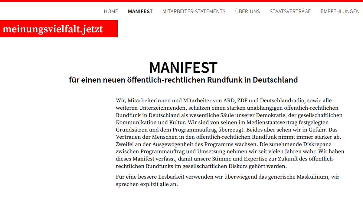 Mitarbeiterinnen und Mitarbeiter von ARD, ZDF und Deutschlandradio stehen auf:

meinungsvielfalt.jetzt/manifest.html